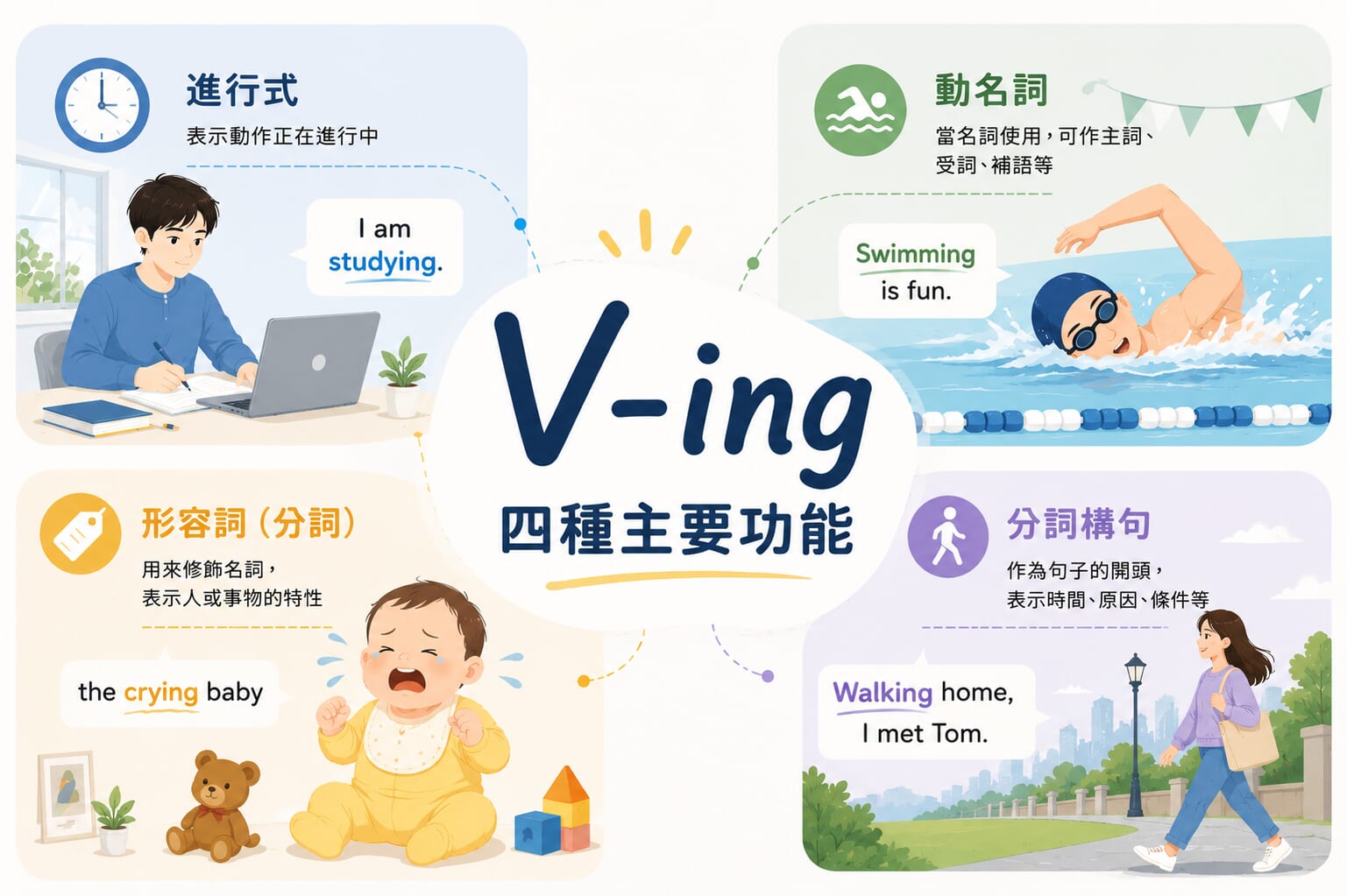 別再只會現在進行式！英文「V-ing」的四種實用功能解析