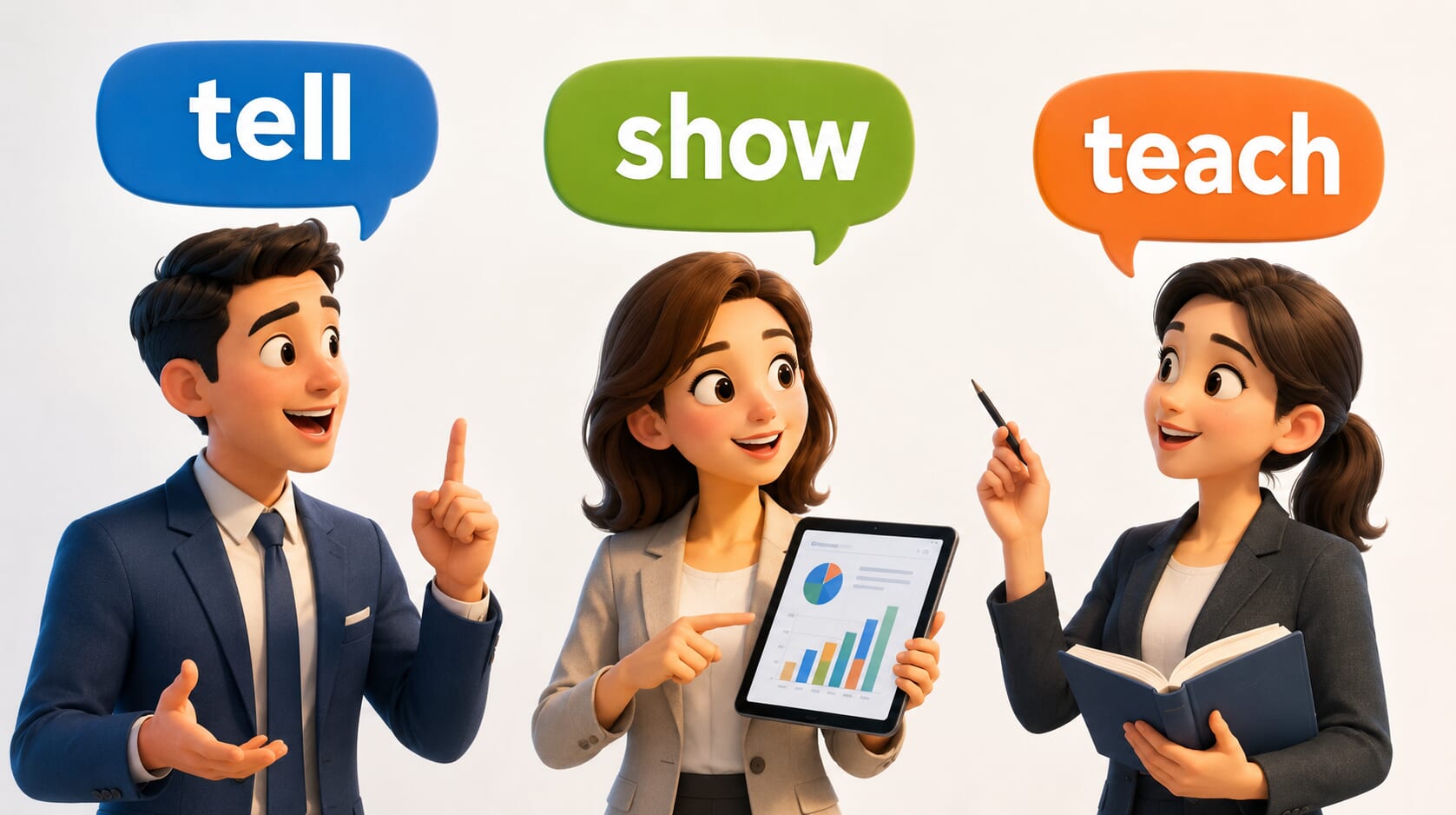 tell、show、teach 差在哪?職場英文溝通必學用法 tell、show、teach 差在哪?職場英文溝通必學用法